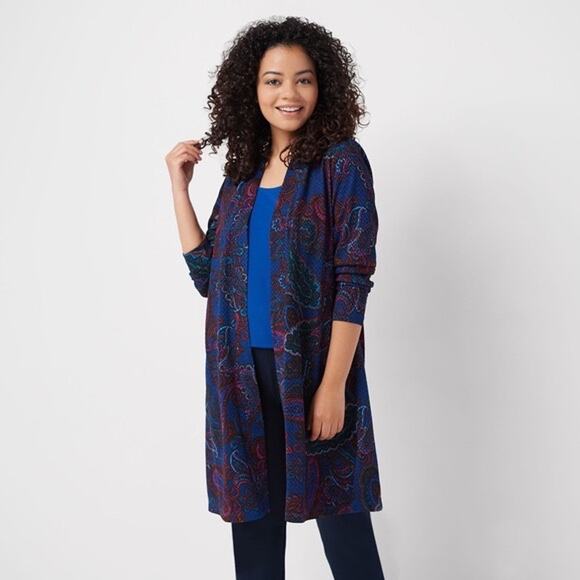 Susan Graver Womens Blue Purple Paisley Open Duster Cardigan Pockets Plus 3X - Picture 1 of 6